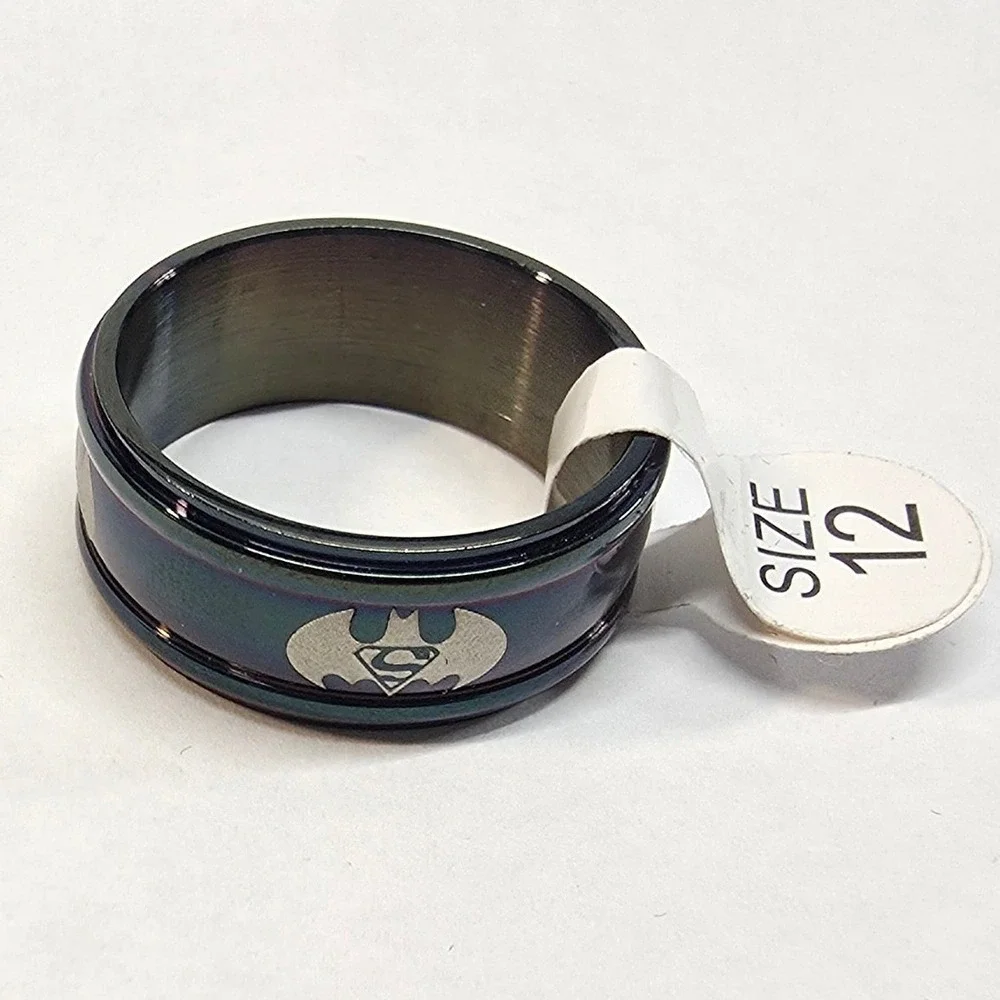 New Big Mens Batman Superman Ring Plus Size 12 Thumb Superhero Black Silver Band